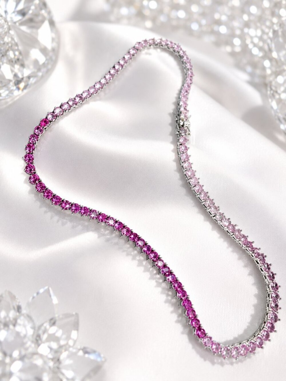 3mm Pink Simulated Sapphire Diamondette Ombré Tennis Necklace 18" - Picture 4 of 7